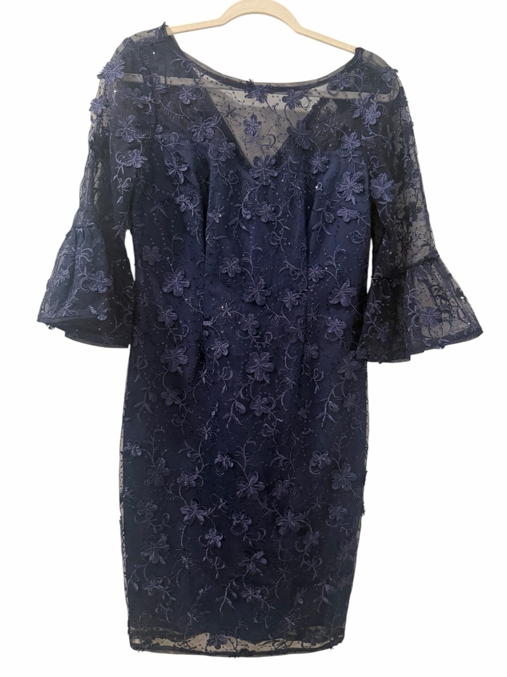 Adrianna Papell Navy Floral Embroidered Sheath Bell Sleeve Cocktail Dress size 8